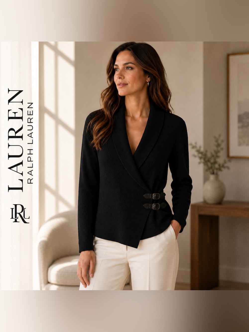 Vtg Lauren Ralph Lauren Ribbed Wrap Cardigan Sweater Black Buckle Y2K Size M